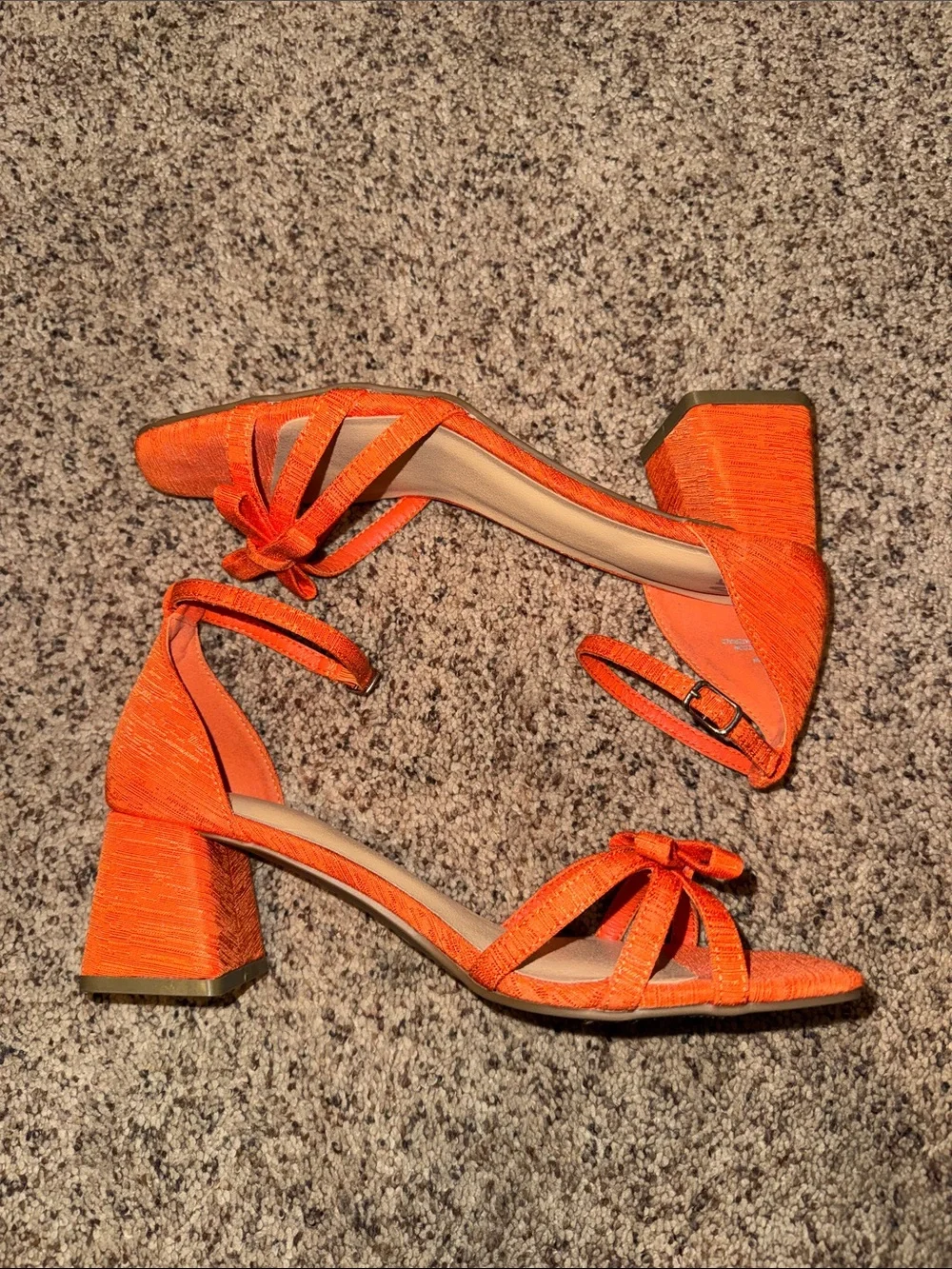 Women's Orange Ankle-Strap Block Heels with Decorative Bow